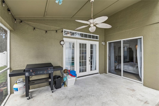 view of patio / terrace with french doors, area for grilling, and ceiling fan