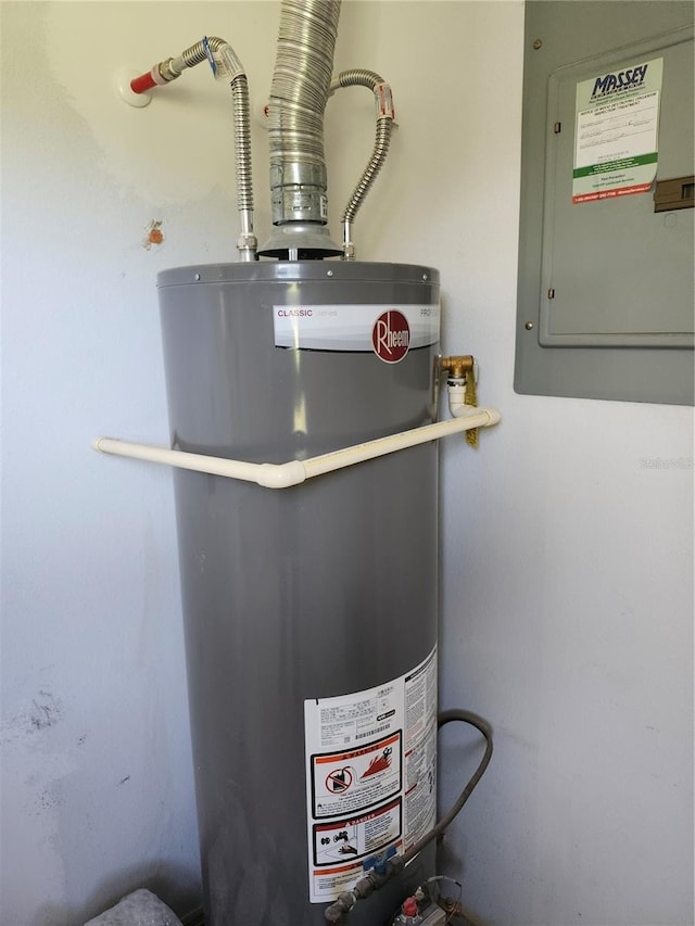 utility room featuring gas water heater and electric panel