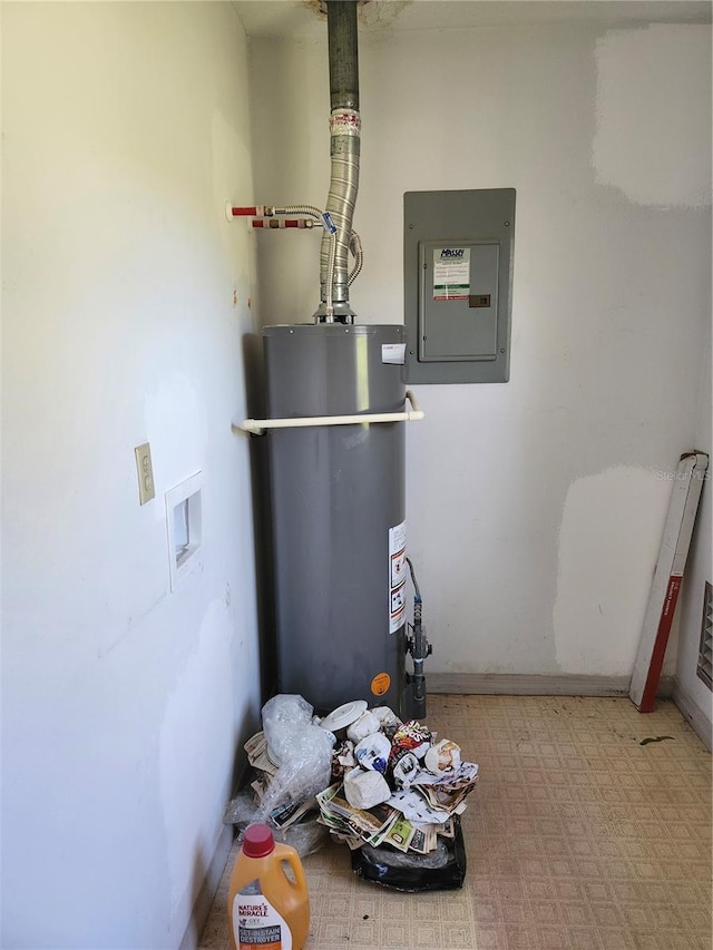 utility room with gas water heater and electric panel