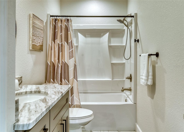 full bathroom with shower / bathtub combination with curtain, tile patterned floors, vanity, and toilet