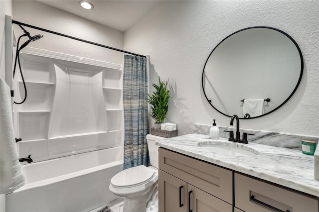 full bathroom with vanity, toilet, and shower / bath combo with shower curtain