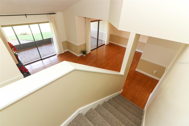 staircase with hardwood / wood-style flooring