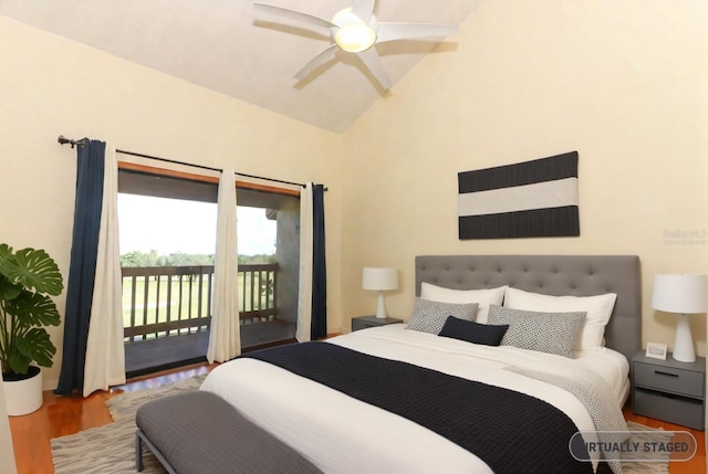 bedroom featuring hardwood / wood-style floors, ceiling fan, access to outside, and vaulted ceiling