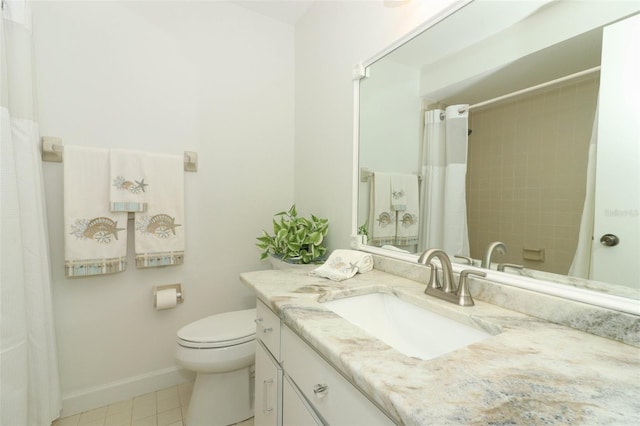 bathroom with tile patterned flooring, vanity, toilet, and walk in shower