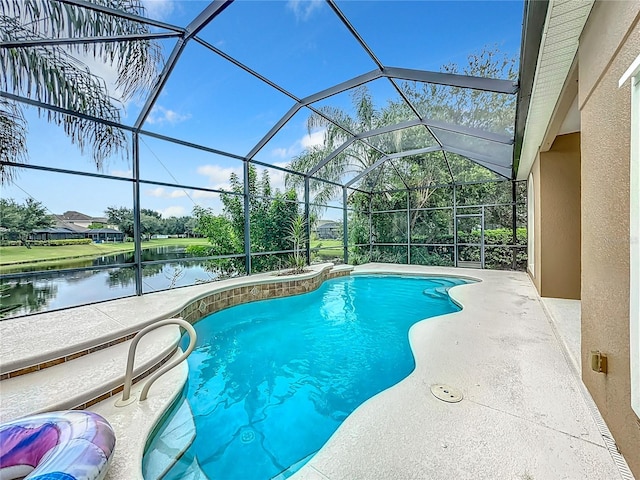 view of pool with a lanai, a water view, and a patio