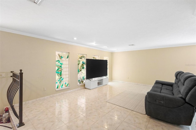 living room featuring light tile patterned floors and crown molding