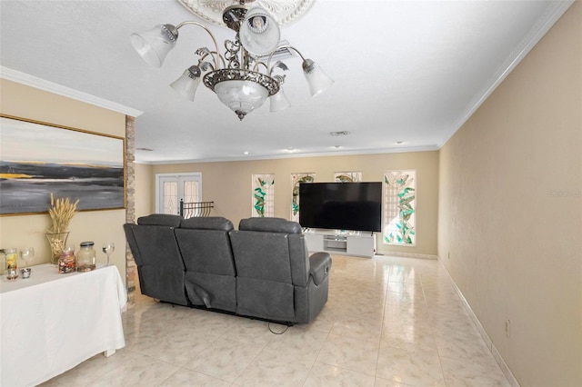 living room with ornamental molding