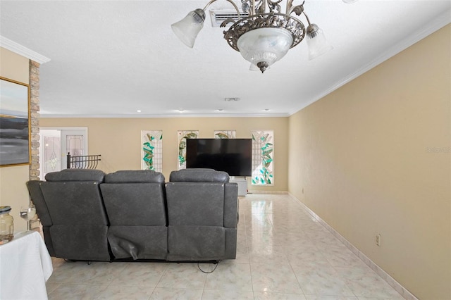 living room with crown molding