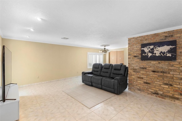 living room featuring ornamental molding, a textured ceiling, and brick wall