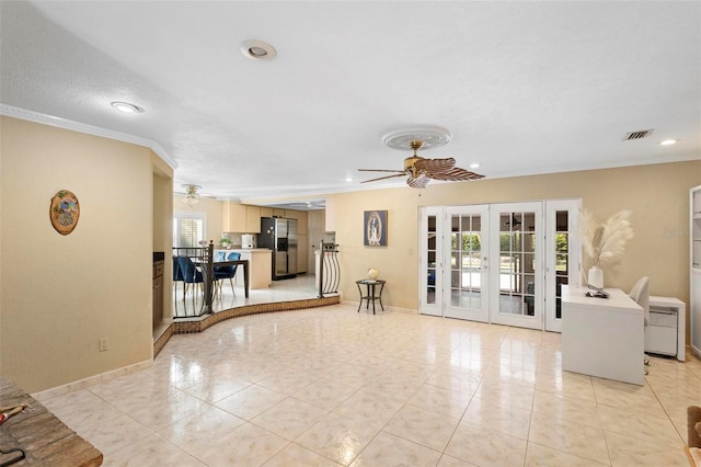 unfurnished living room with a textured ceiling, light tile patterned flooring, crown molding, ceiling fan, and french doors