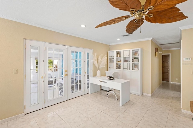 unfurnished office featuring ornamental molding, ceiling fan, french doors, and a textured ceiling