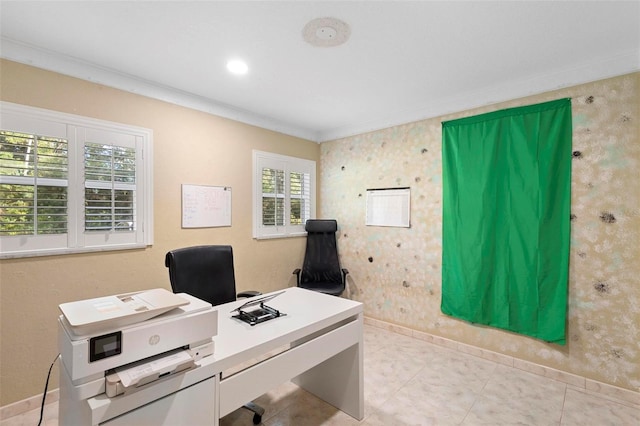 office space featuring light tile patterned floors and ornamental molding