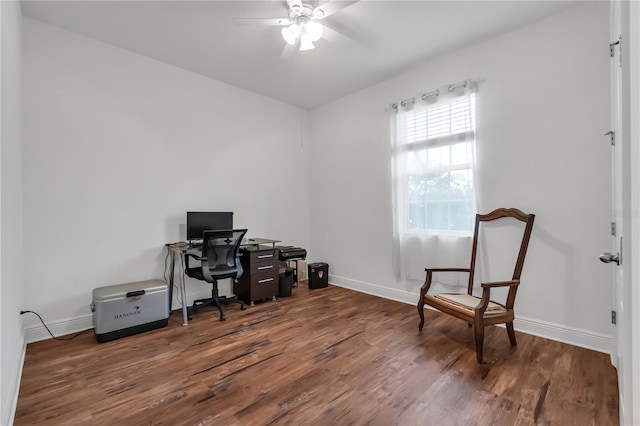 home office with hardwood / wood-style flooring and ceiling fan