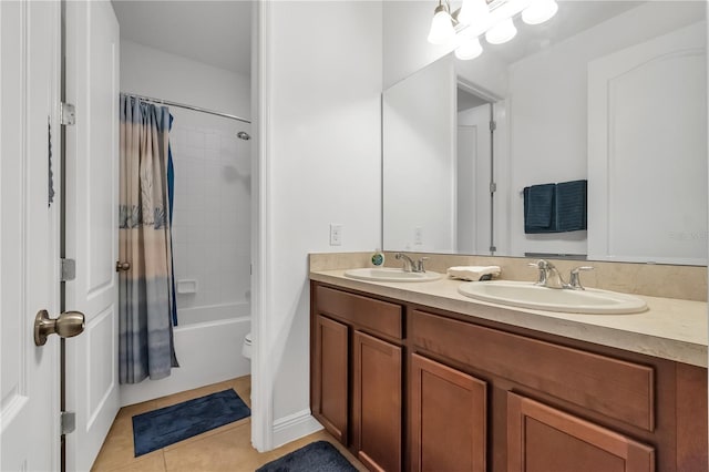 full bathroom with vanity, toilet, shower / bath combo, and tile patterned flooring