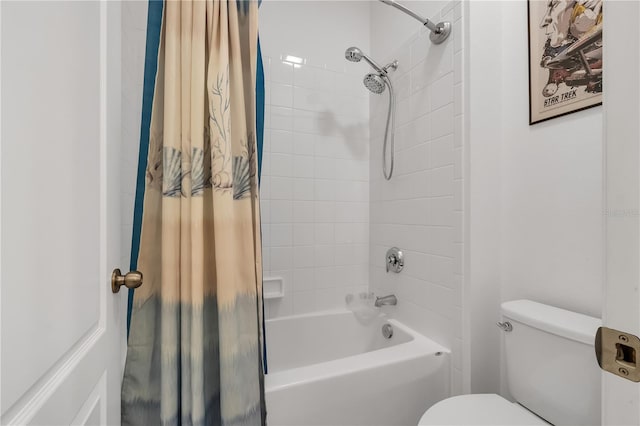 bathroom with toilet and shower / bathtub combination with curtain