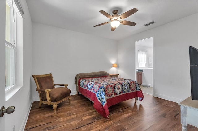 bedroom featuring dark wood-type flooring and ceiling fan