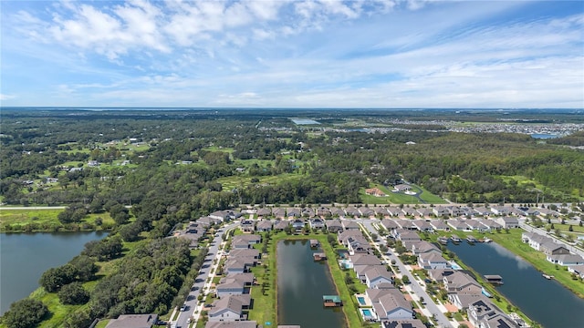 bird's eye view with a water view