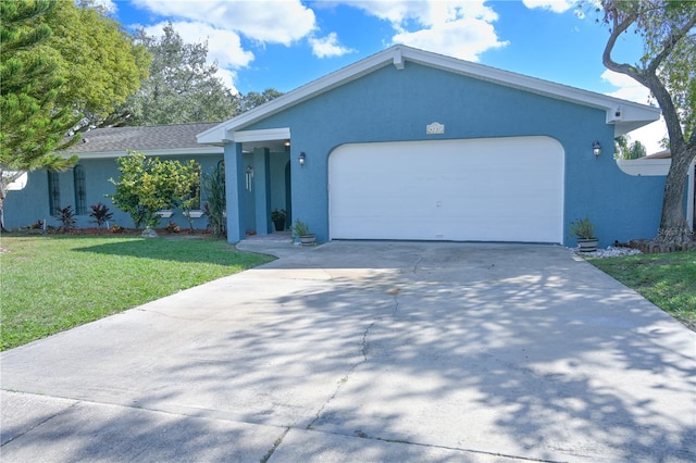 ranch-style house with a garage and a front yard