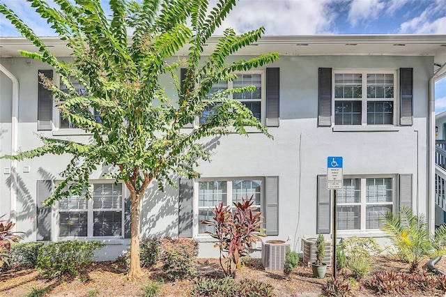 view of side of home featuring stucco siding and central air condition unit