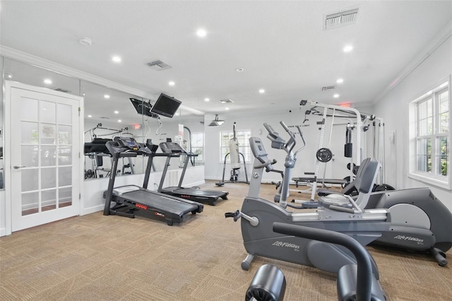 gym featuring recessed lighting, visible vents, and crown molding