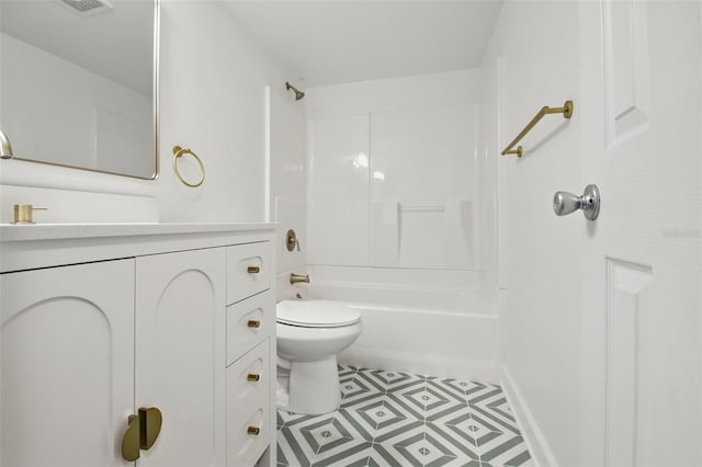 bathroom featuring bathtub / shower combination, visible vents, vanity, and toilet