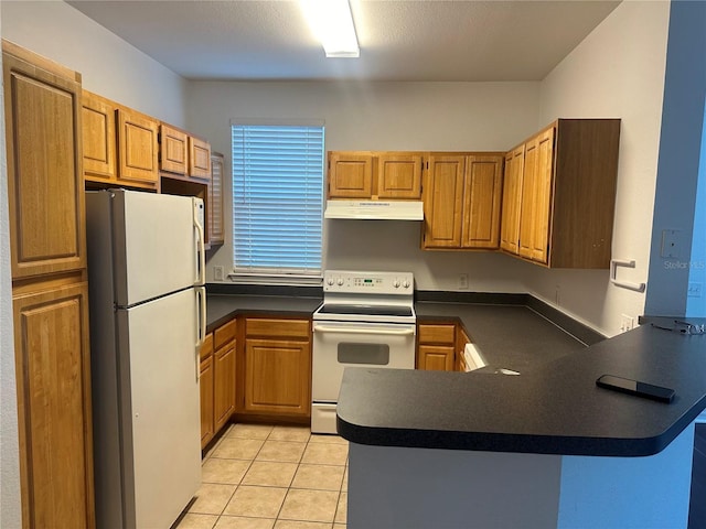 kitchen featuring kitchen peninsula, white appliances, and light tile patterned floors