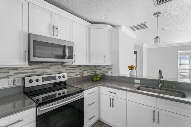 kitchen with crown molding, white cabinetry, sink, and stainless steel appliances