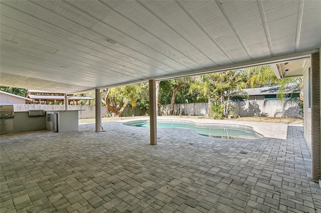 view of pool featuring an outdoor kitchen and a patio area