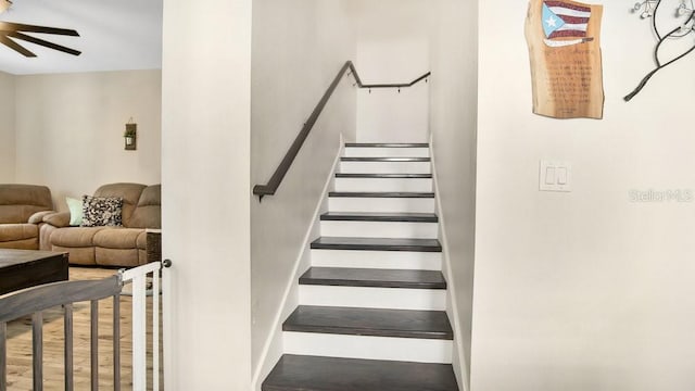 staircase with ceiling fan and hardwood / wood-style floors