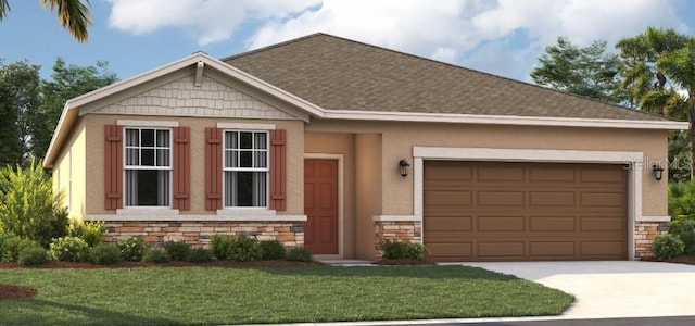 view of front of home featuring a front yard and a garage