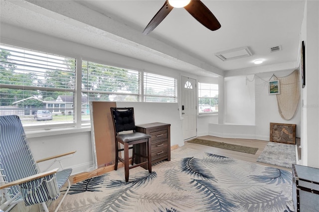 interior space with light hardwood / wood-style floors, multiple windows, and ceiling fan