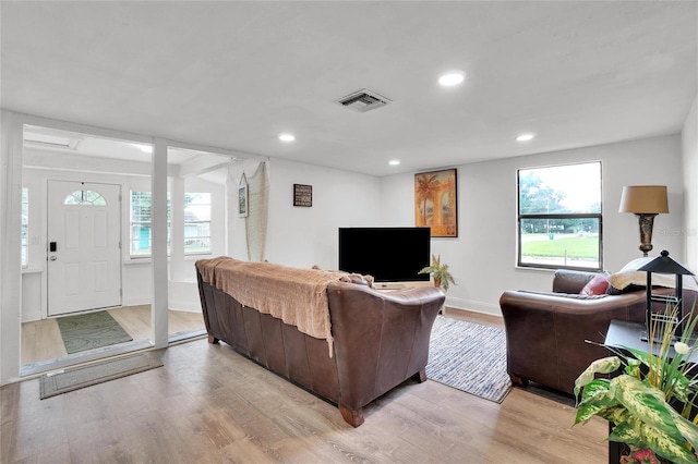 living room with plenty of natural light and light hardwood / wood-style floors