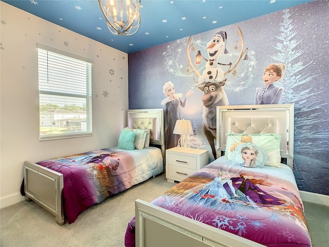 bedroom with light colored carpet and a notable chandelier