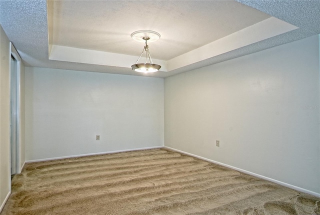 empty room with carpet floors, a textured ceiling, and a raised ceiling