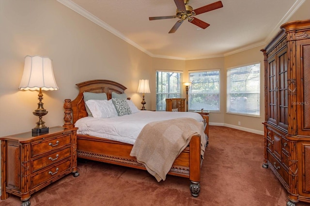 bedroom with multiple windows, ceiling fan, and crown molding