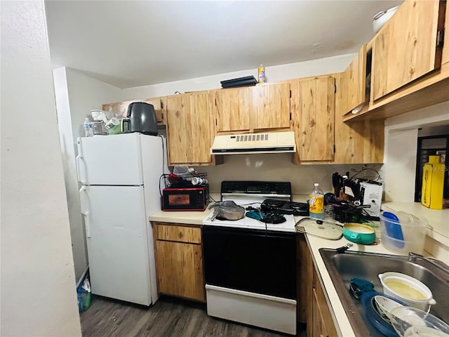 kitchen featuring white appliances, dark wood-type flooring, and sink