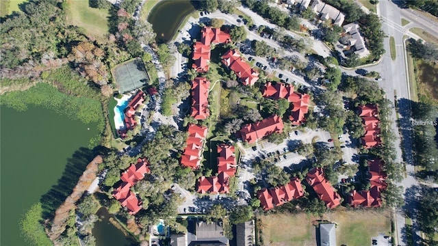 aerial view featuring a water view