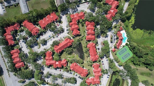 drone / aerial view featuring a water view