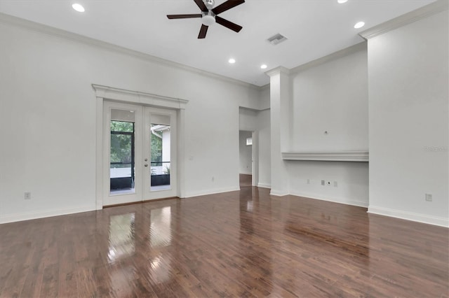 unfurnished living room with french doors, crown molding, ceiling fan, and dark wood-type flooring