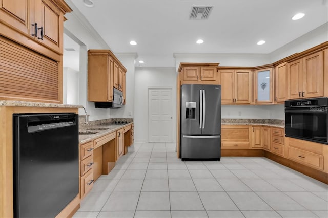 kitchen with black appliances, crown molding, sink, light tile patterned floors, and light stone counters