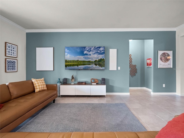 living room with tile patterned floors and ornamental molding