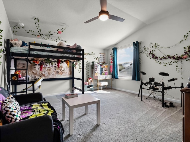 bedroom with lofted ceiling, carpet, and ceiling fan