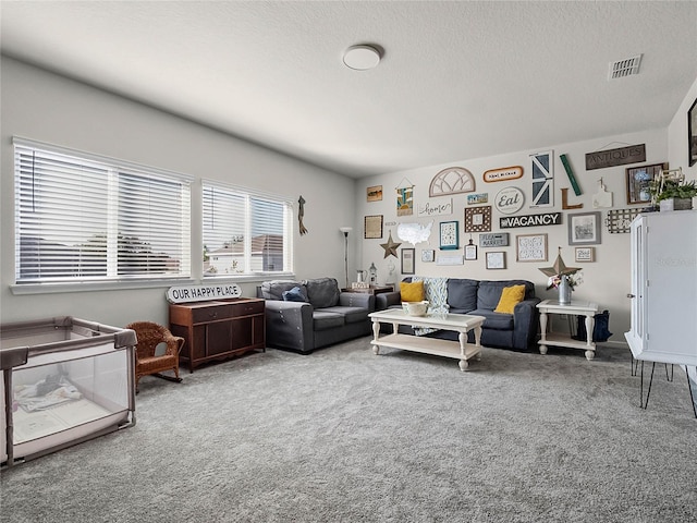 living room with a textured ceiling and carpet