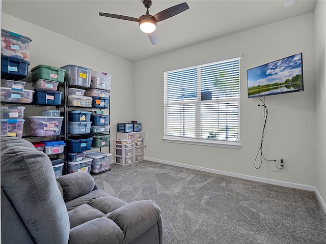 sitting room featuring carpet floors and ceiling fan