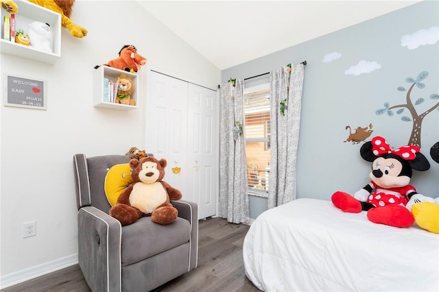 bedroom with lofted ceiling, hardwood / wood-style floors, and a closet