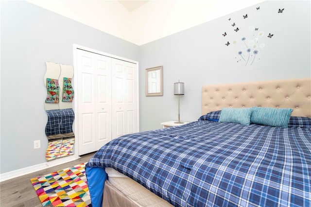 bedroom with hardwood / wood-style floors and a closet