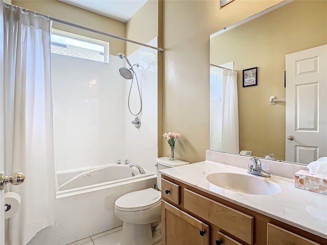 full bathroom with vanity, tile patterned flooring, toilet, and shower / tub combo with curtain