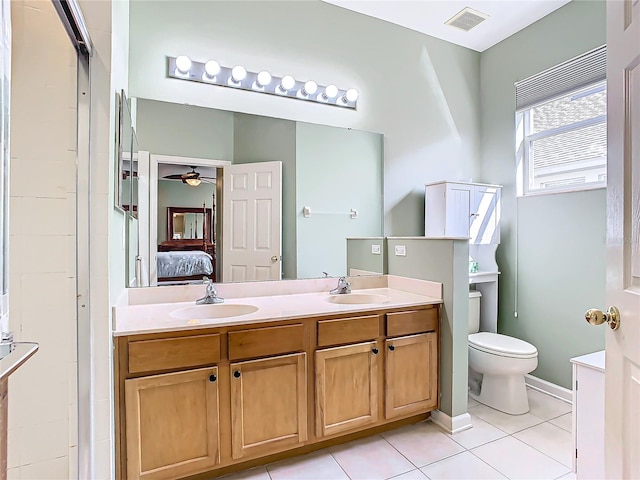 bathroom with tile patterned flooring, ceiling fan, vanity, and toilet