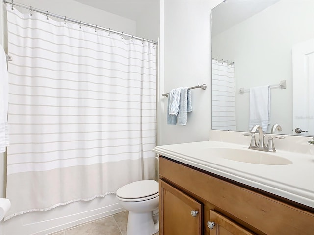 full bathroom with shower / bath combination with curtain, vanity, tile patterned flooring, and toilet