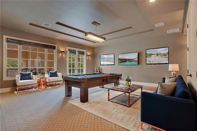 recreation room featuring french doors, light colored carpet, and pool table